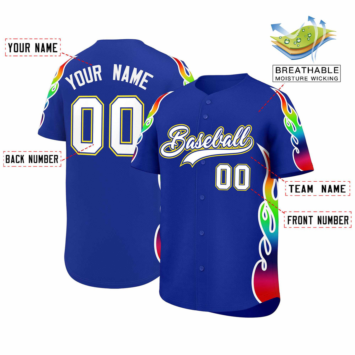 Custom Royal Graffiti Pattern Personalized Multicolored Flames Print Authentic Baseball Jersey| KXKSHOP