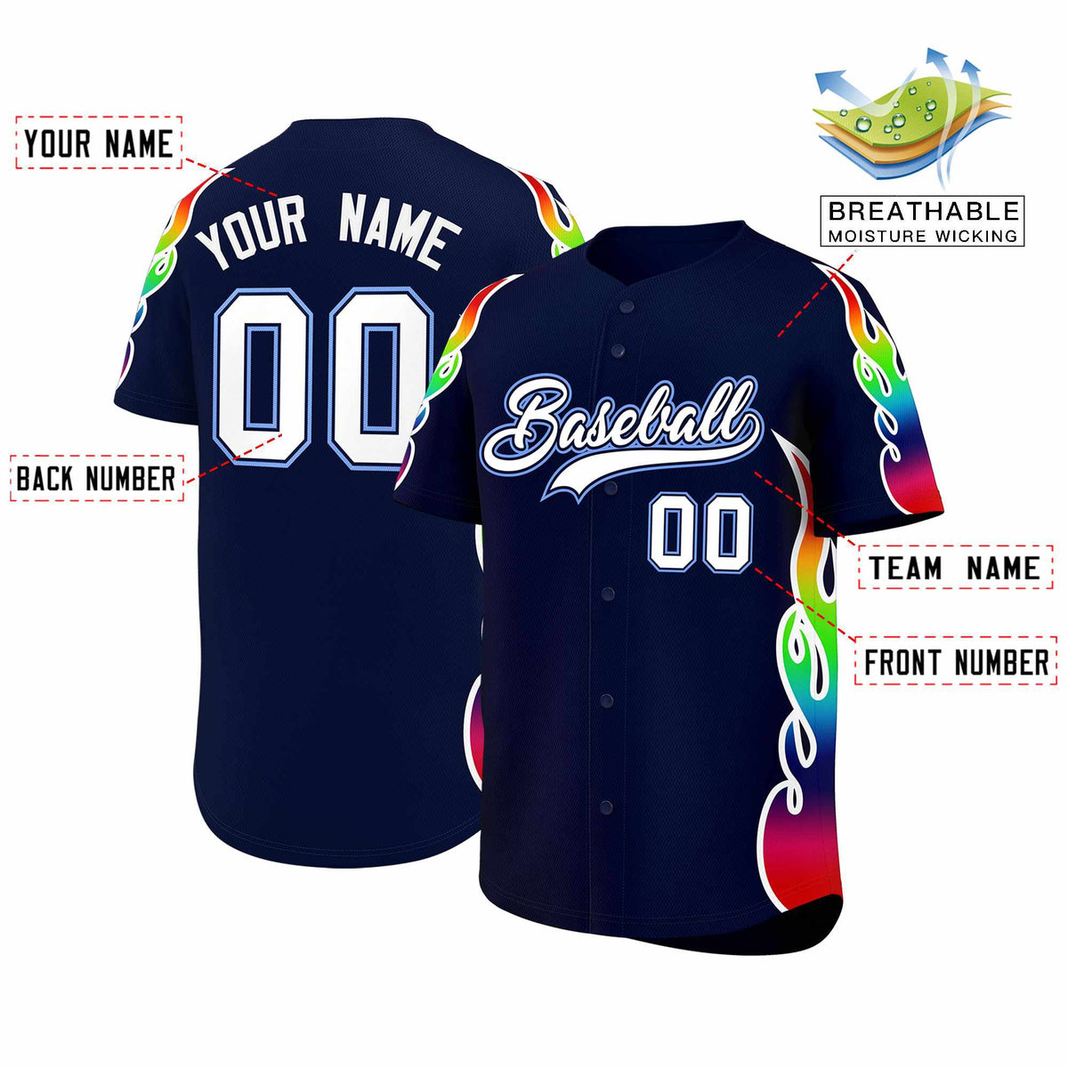 Custom Navy Graffiti Pattern Personalized Multicolored Flames Print Authentic Baseball Jersey| KXKSHOP