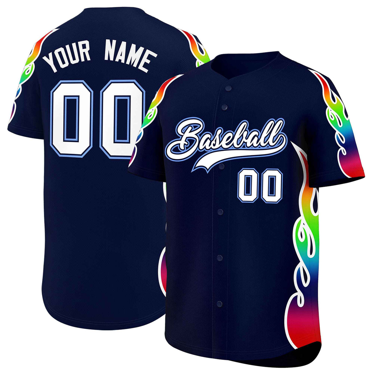 Custom Navy Graffiti Pattern Personalized Multicolored Flames Print Authentic Baseball Jersey| KXKSHOP
