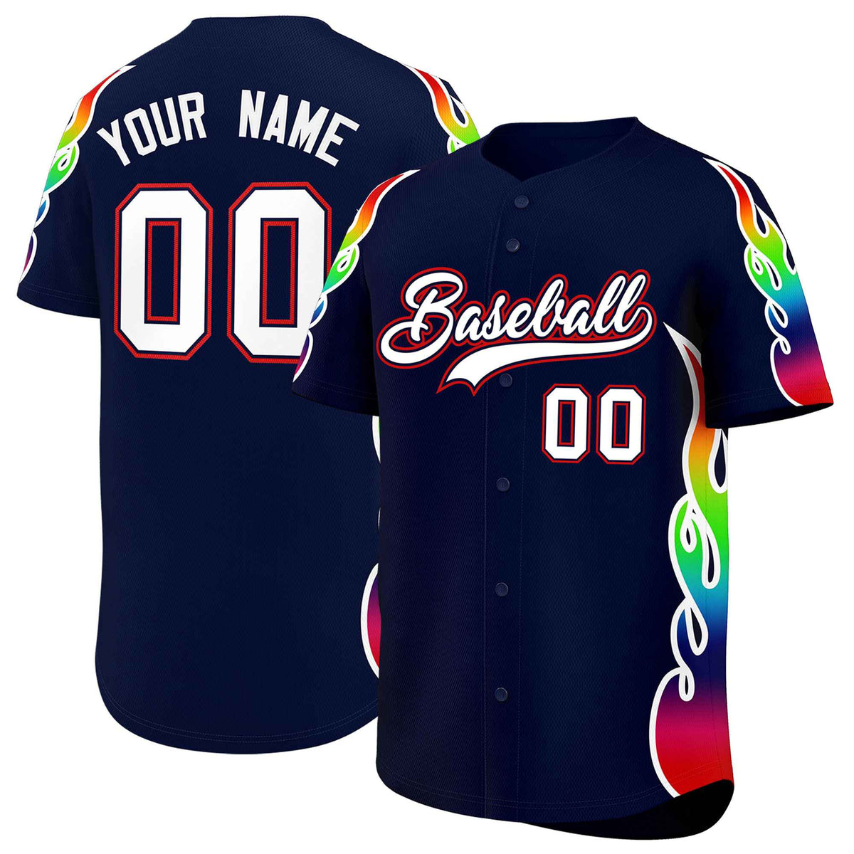 Custom Navy Graffiti Pattern Personalized Multicolored Flames Print Authentic Baseball Jersey| KXKSHOP