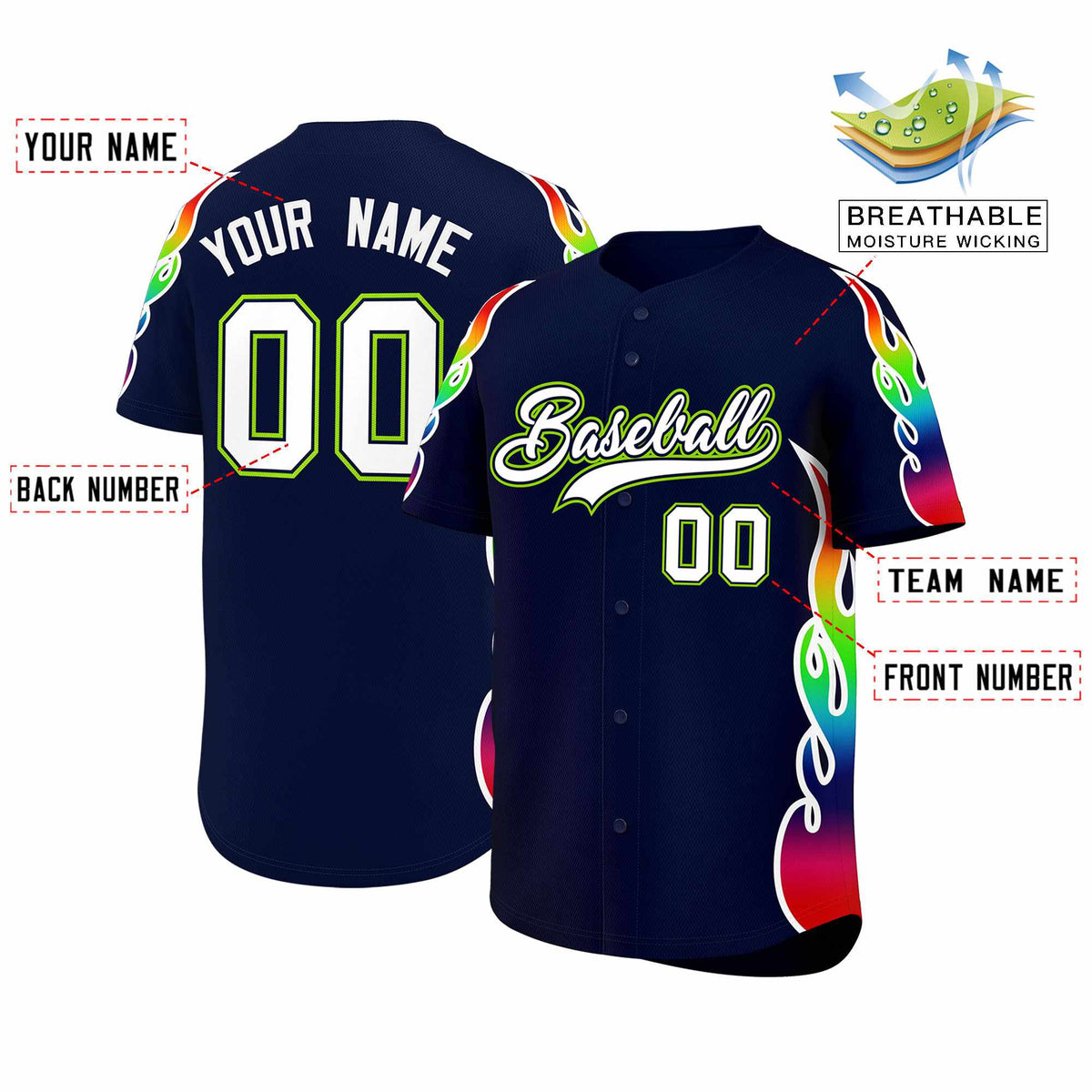 Custom Navy Graffiti Pattern Personalized Multicolored Flames Print Authentic Baseball Jersey| KXKSHOP