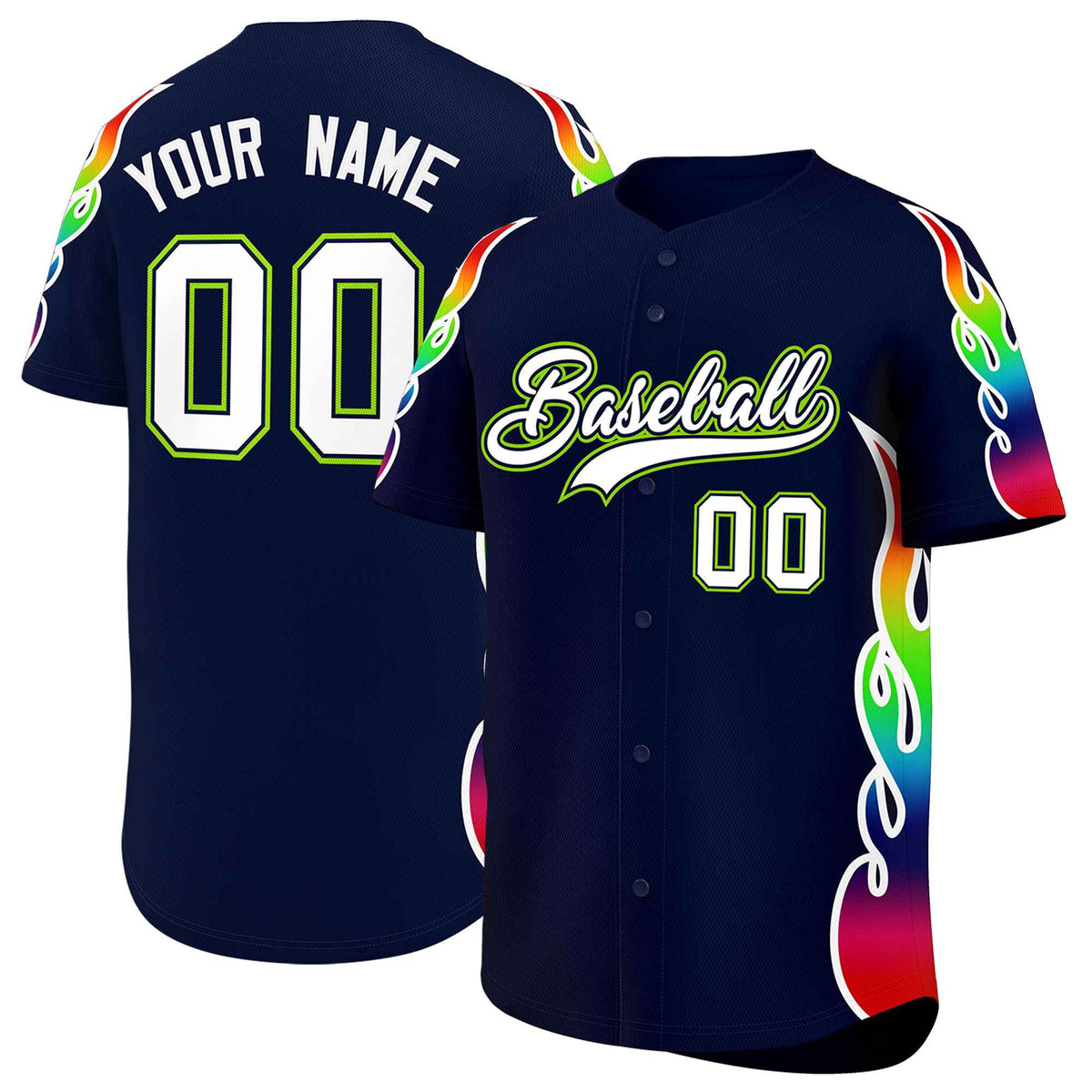 Custom Navy Graffiti Pattern Personalized Multicolored Flames Print Authentic Baseball Jersey| KXKSHOP