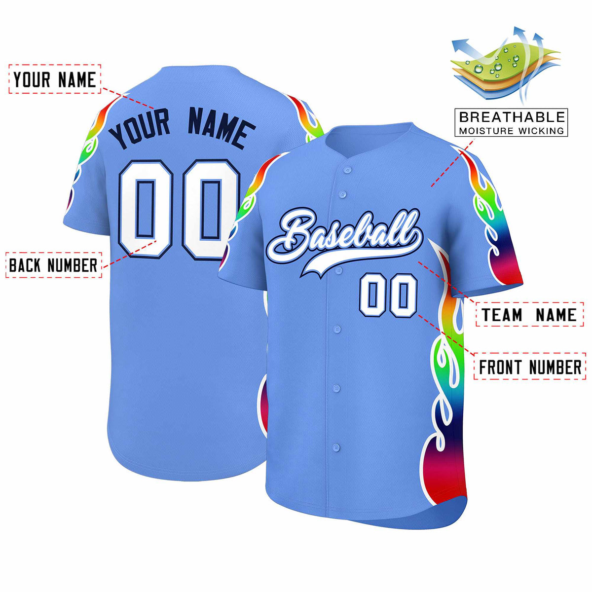 Custom Light Blue Graffiti Pattern Personalized Multicolored Flames Print Authentic Baseball Jersey| KXKSHOP