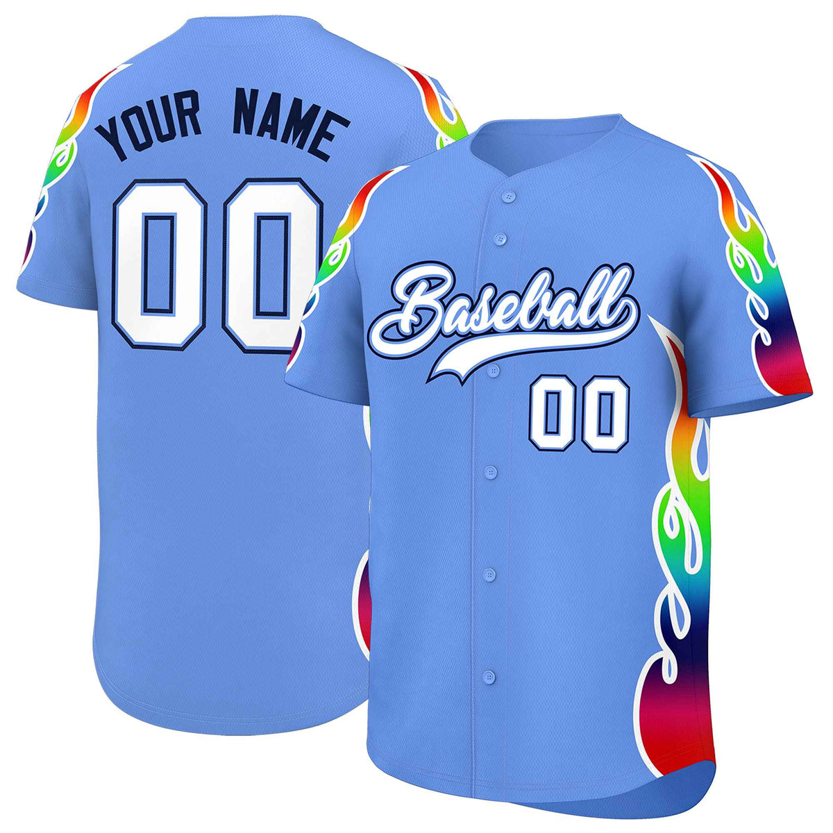 Custom Light Blue Graffiti Pattern Personalized Multicolored Flames Print Authentic Baseball Jersey| KXKSHOP