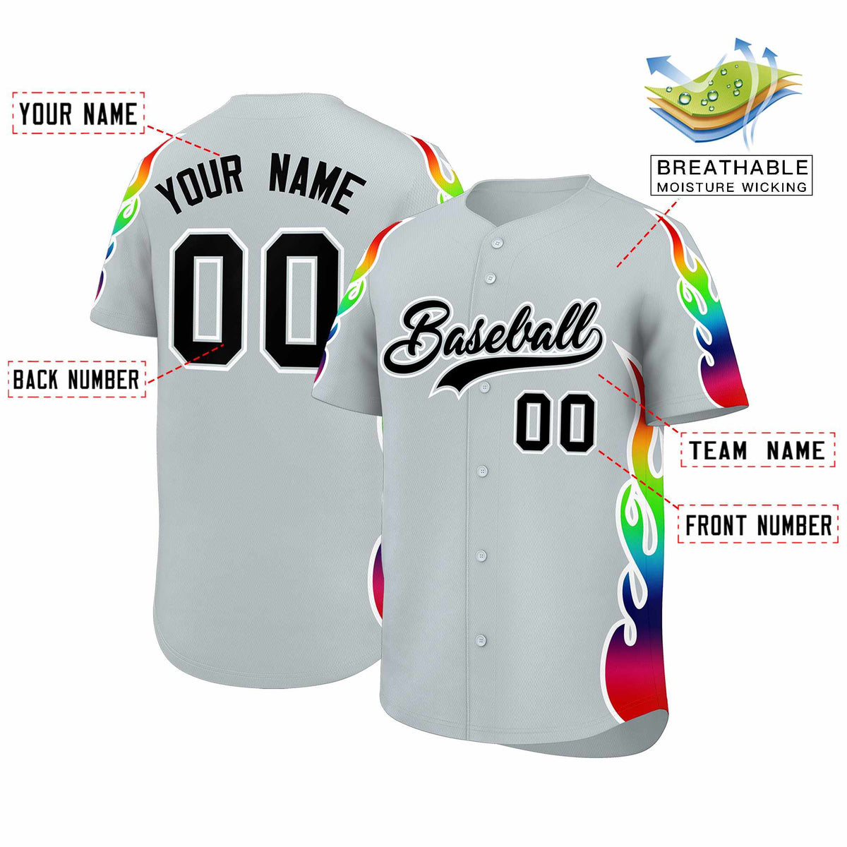 Custom Silver Graffiti Pattern Personalized Multicolored Flames Print Authentic Baseball Jersey| KXKSHOP
