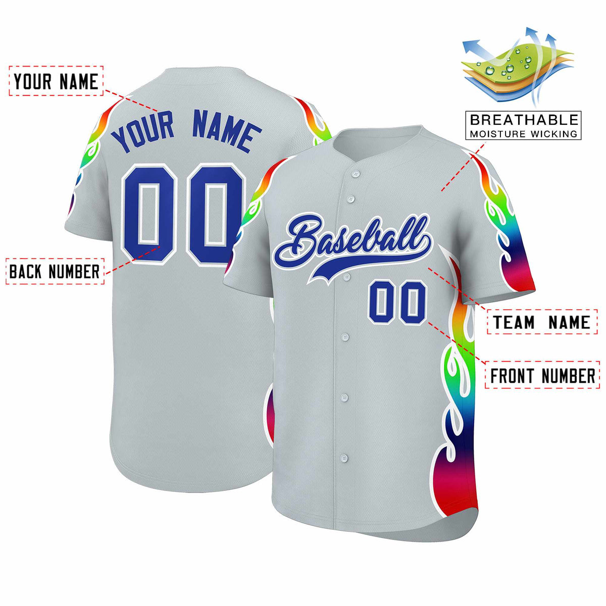 Custom Silver Graffiti Pattern Personalized Multicolored Flames Print Authentic Baseball Jersey| KXKSHOP