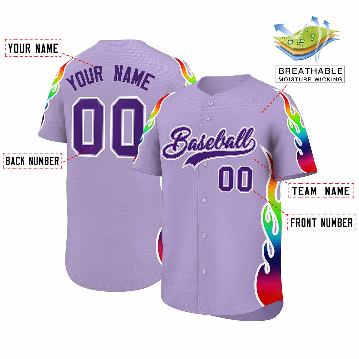 Custom Light Purple Graffiti Pattern Personalized Multicolored Flames Print Authentic Baseball Jersey| KXKSHOP