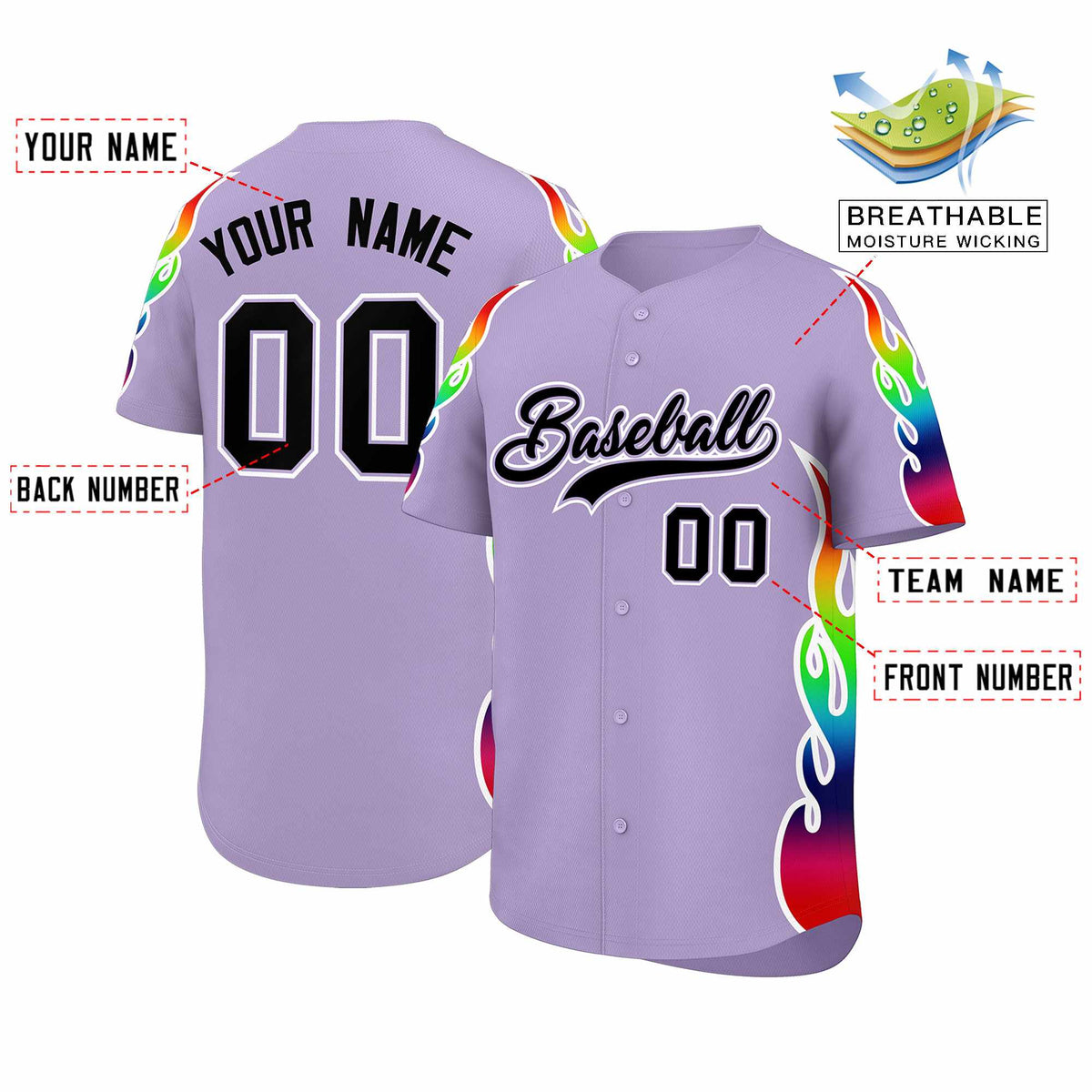 Custom Light Purple Graffiti Pattern Personalized Multicolored Flames Print Authentic Baseball Jersey| KXKSHOP