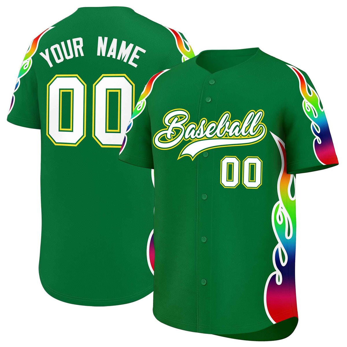 Custom Kelly Green Graffiti Pattern Personalized Multicolored Flames Print Authentic Baseball Jersey| KXKSHOP
