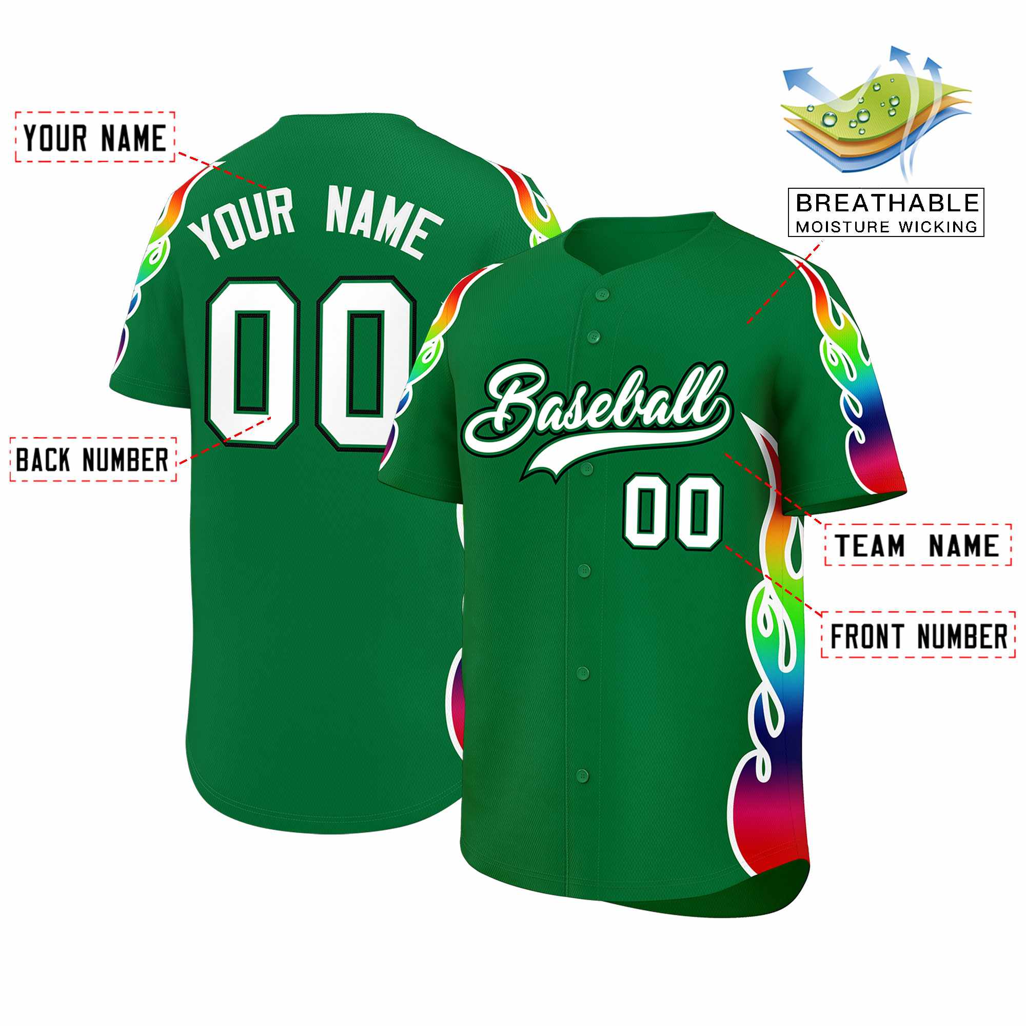 Custom Kelly Green Graffiti Pattern Personalized Multicolored Flames Print Authentic Baseball Jersey| KXKSHOP