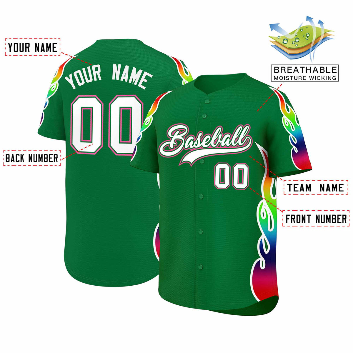 Custom Kelly Green Graffiti Pattern Personalized Multicolored Flames Print Authentic Baseball Jersey| KXKSHOP