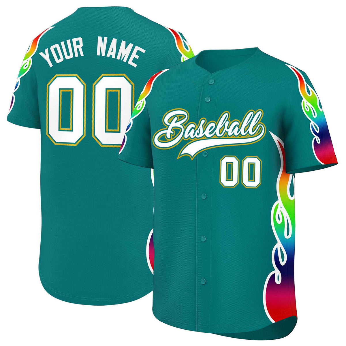 Custom Aqua Graffiti Pattern Personalized Multicolored Flames Print Authentic Baseball Jersey| KXKSHOP