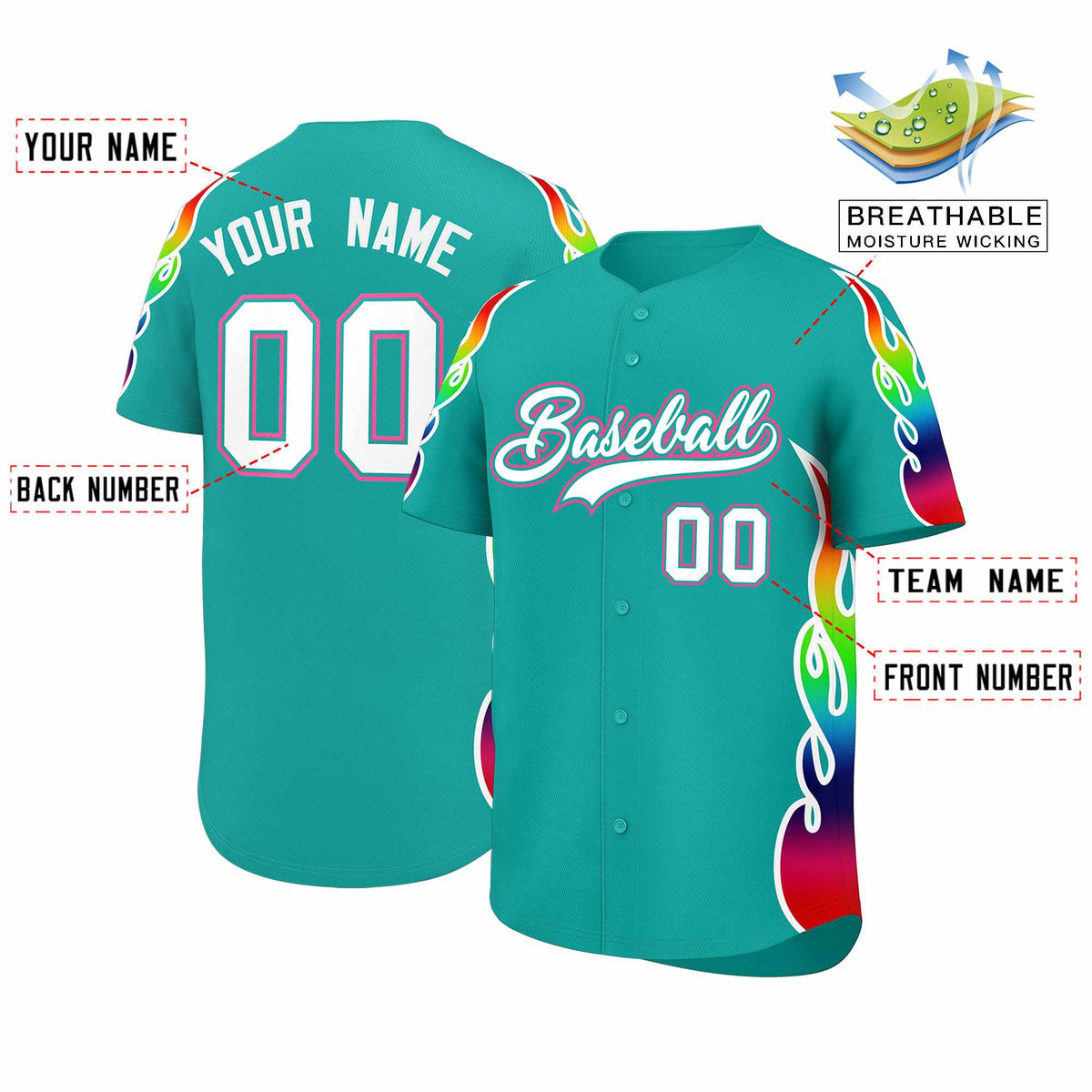 Custom Aqua Graffiti Pattern Personalized Multicolored Flames Print Authentic Baseball Jersey| KXKSHOP