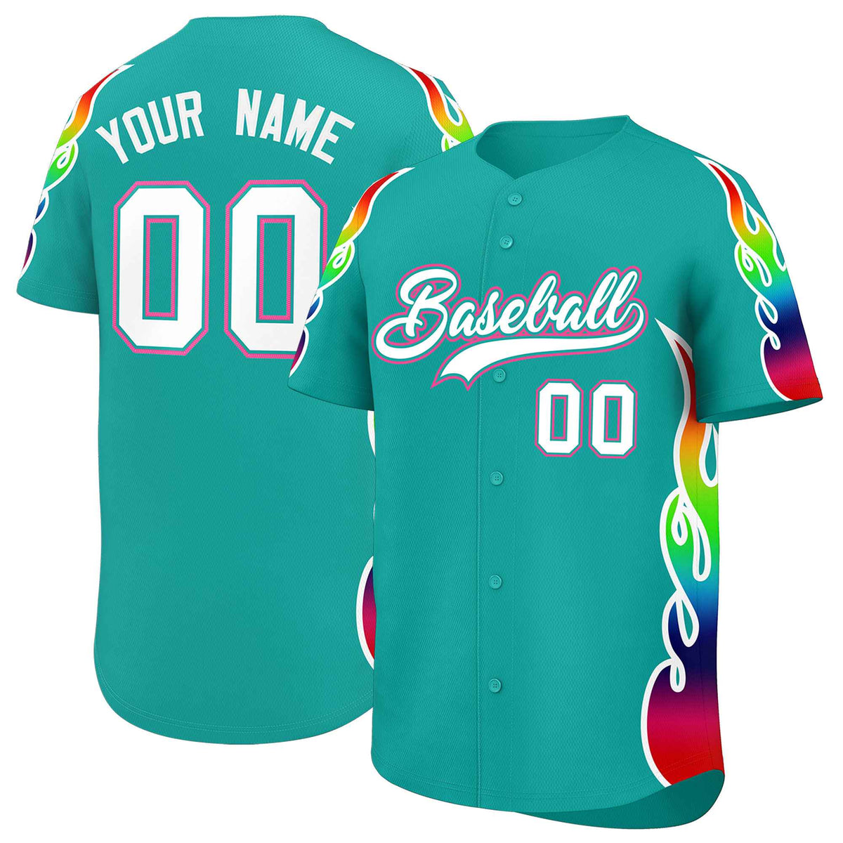 Custom Aqua Graffiti Pattern Personalized Multicolored Flames Print Authentic Baseball Jersey| KXKSHOP