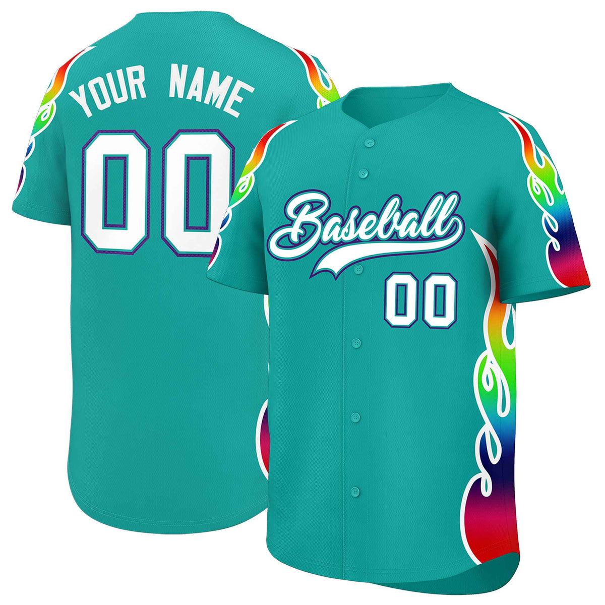 Custom Aqua Graffiti Pattern Personalized Multicolored Flames Print Authentic Baseball Jersey| KXKSHOP