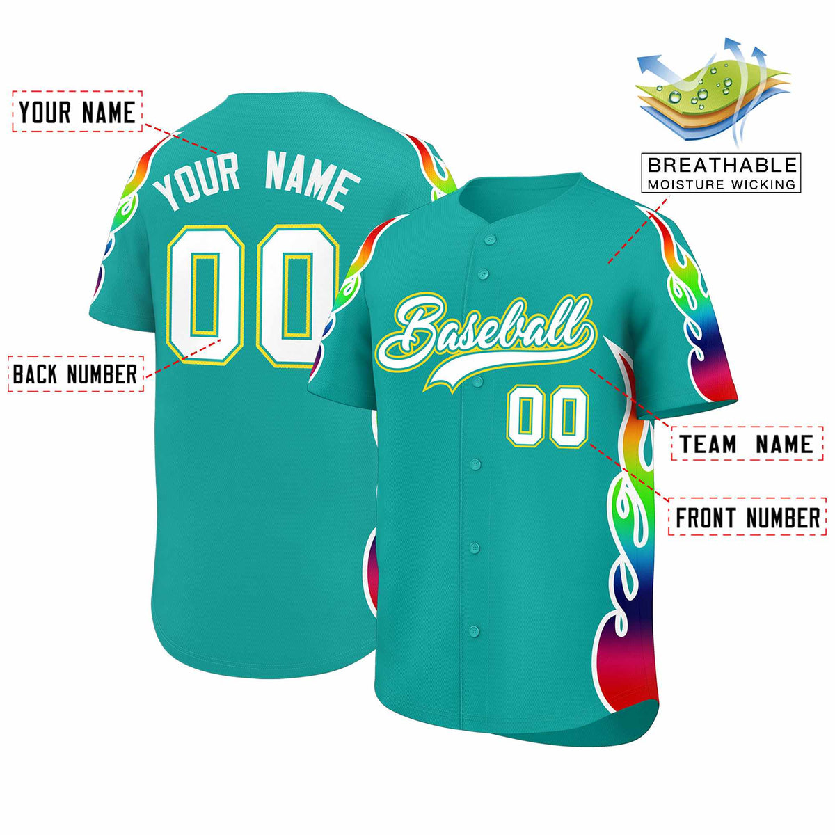 Custom Aqua Graffiti Pattern Personalized Multicolored Flames Print Authentic Baseball Jersey| KXKSHOP