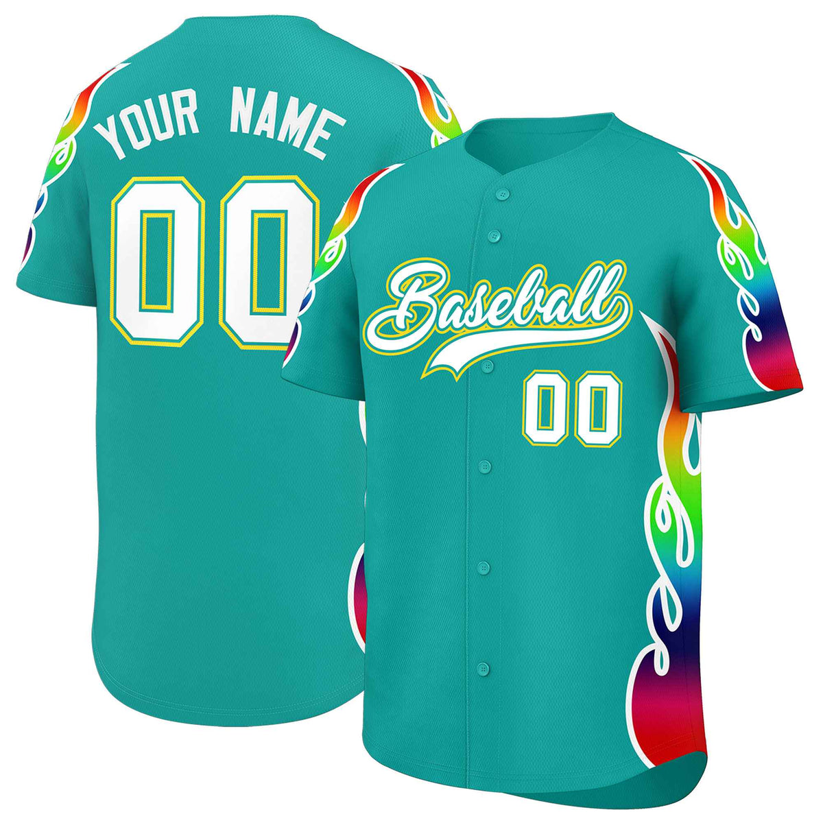 Custom Aqua Graffiti Pattern Personalized Multicolored Flames Print Authentic Baseball Jersey| KXKSHOP