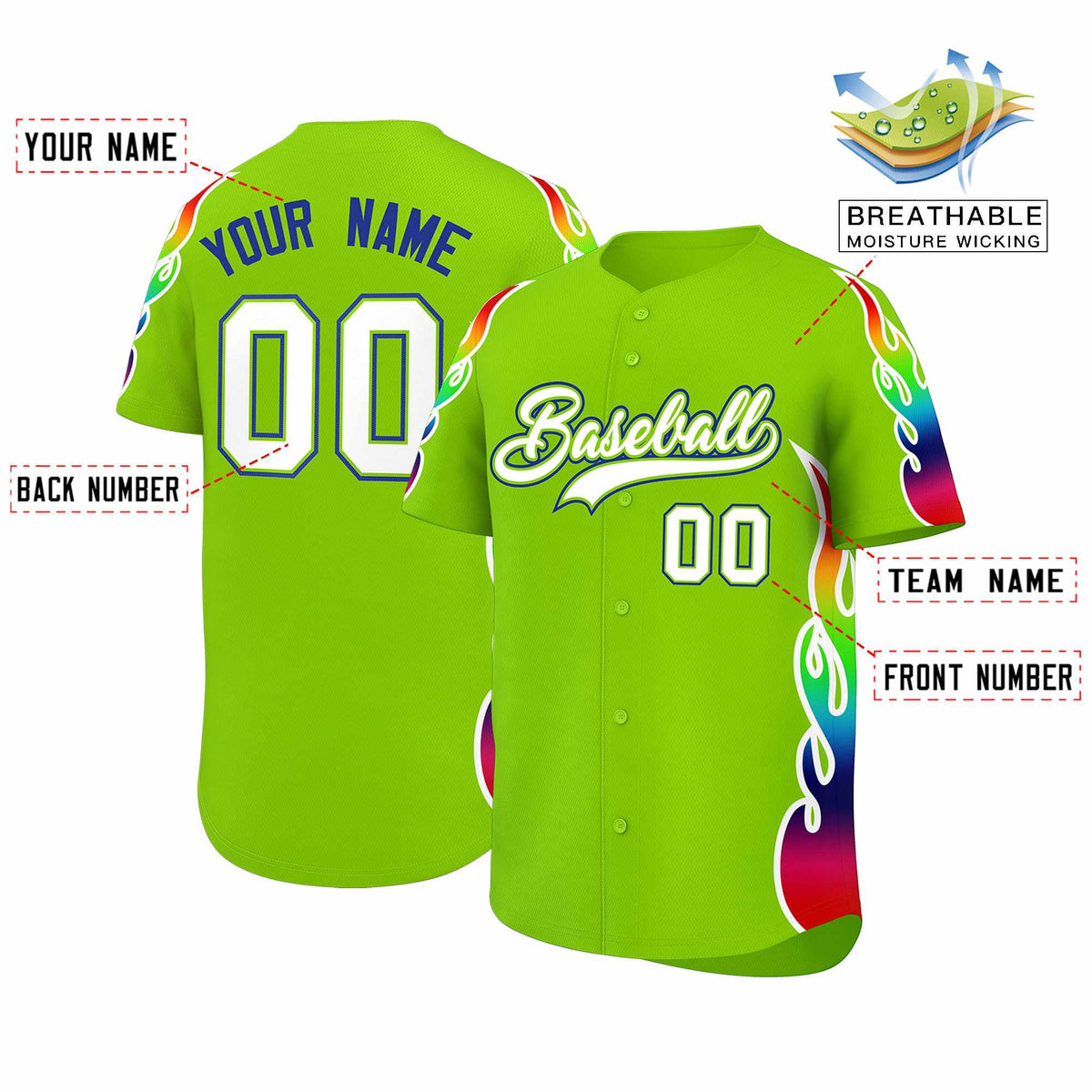 Custom Neon Green Graffiti Pattern Personalized Multicolored Flames Print Authentic Baseball Jersey| KXKSHOP