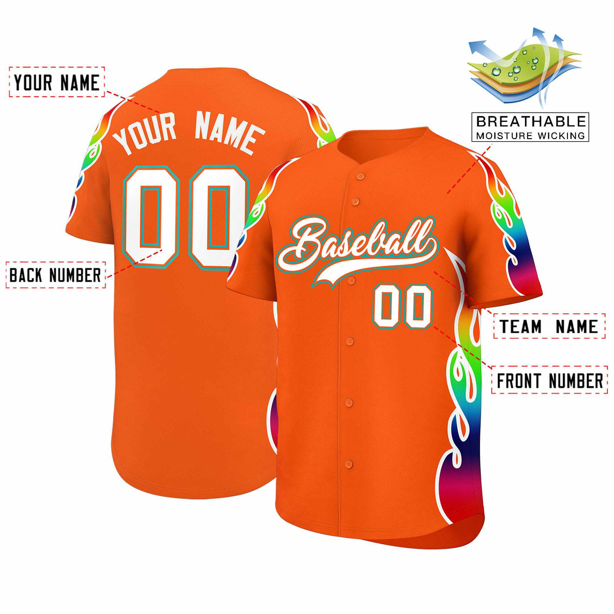 Custom Orange Graffiti Pattern Personalized Multicolored Flames Print Authentic Baseball Jersey| KXKSHOP