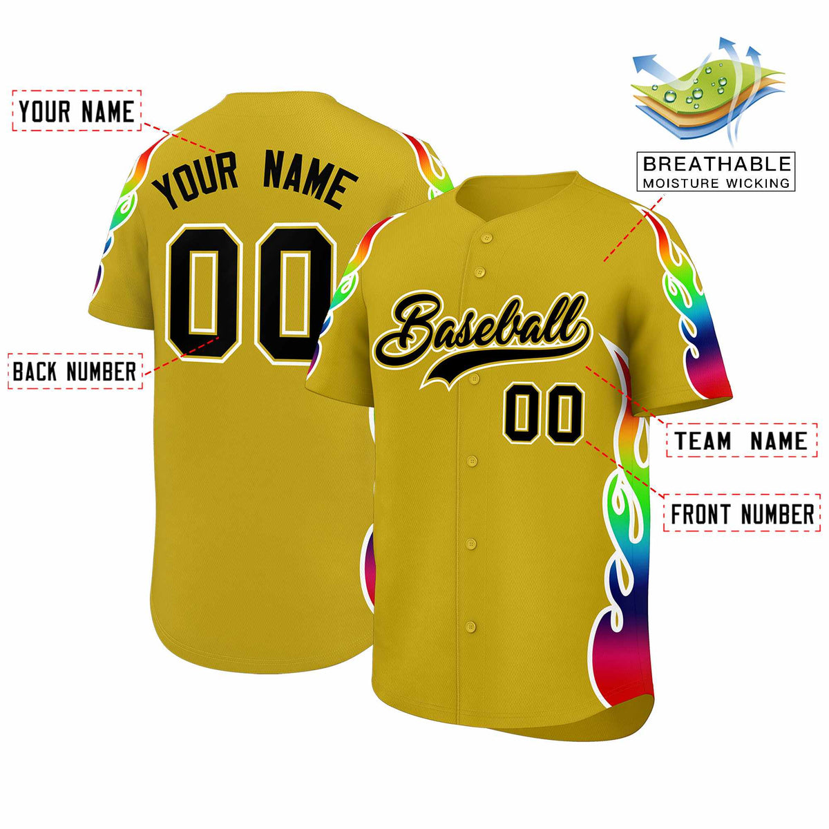 Custom Old Gold Graffiti Pattern Personalized Multicolored Flames Print Authentic Baseball Jersey| KXKSHOP
