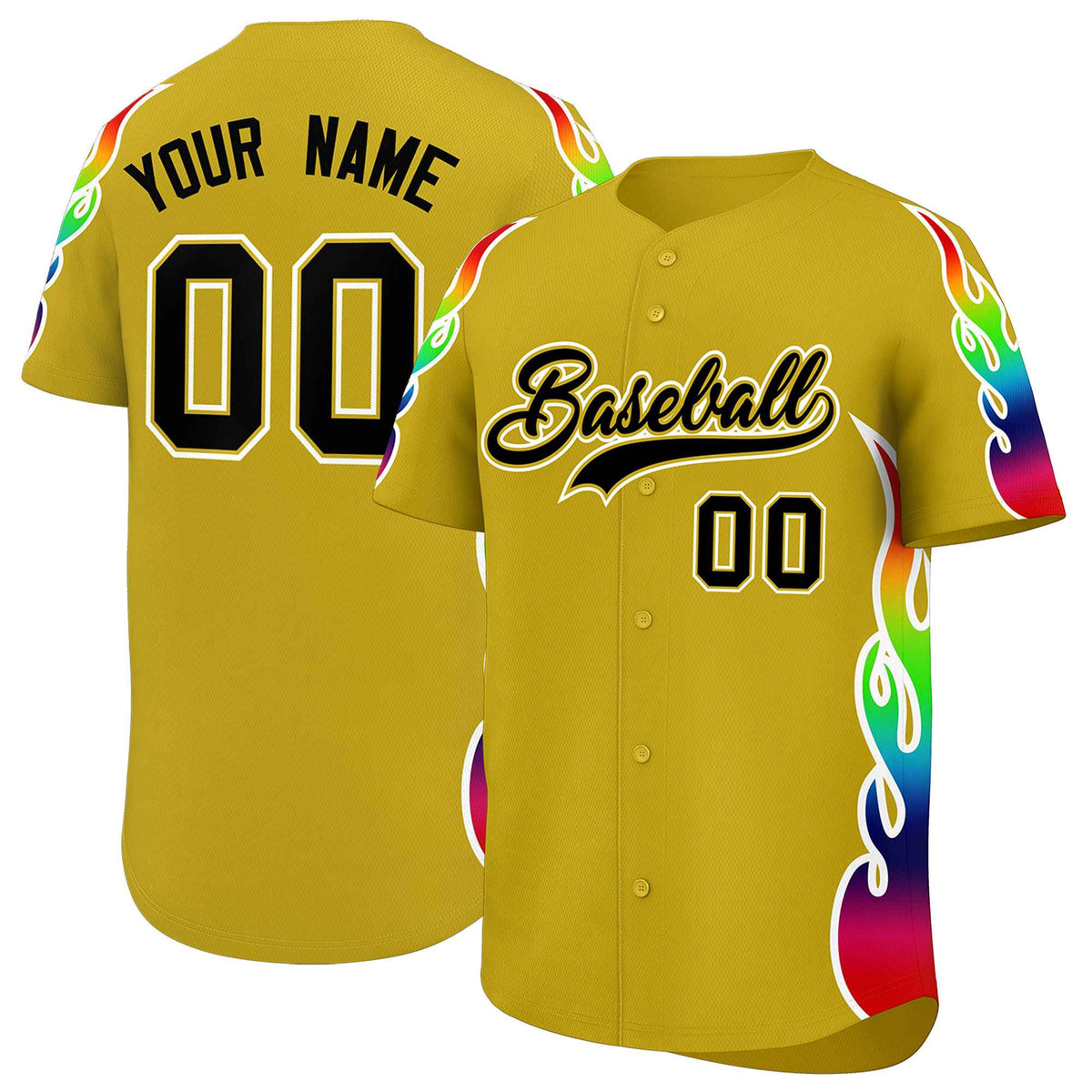 Custom Old Gold Graffiti Pattern Personalized Multicolored Flames Print Authentic Baseball Jersey| KXKSHOP