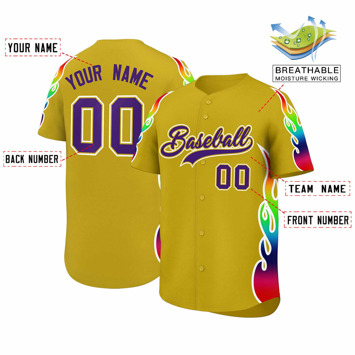Custom Old Gold Graffiti Pattern Personalized Multicolored Flames Print Authentic Baseball Jersey| KXKSHOP