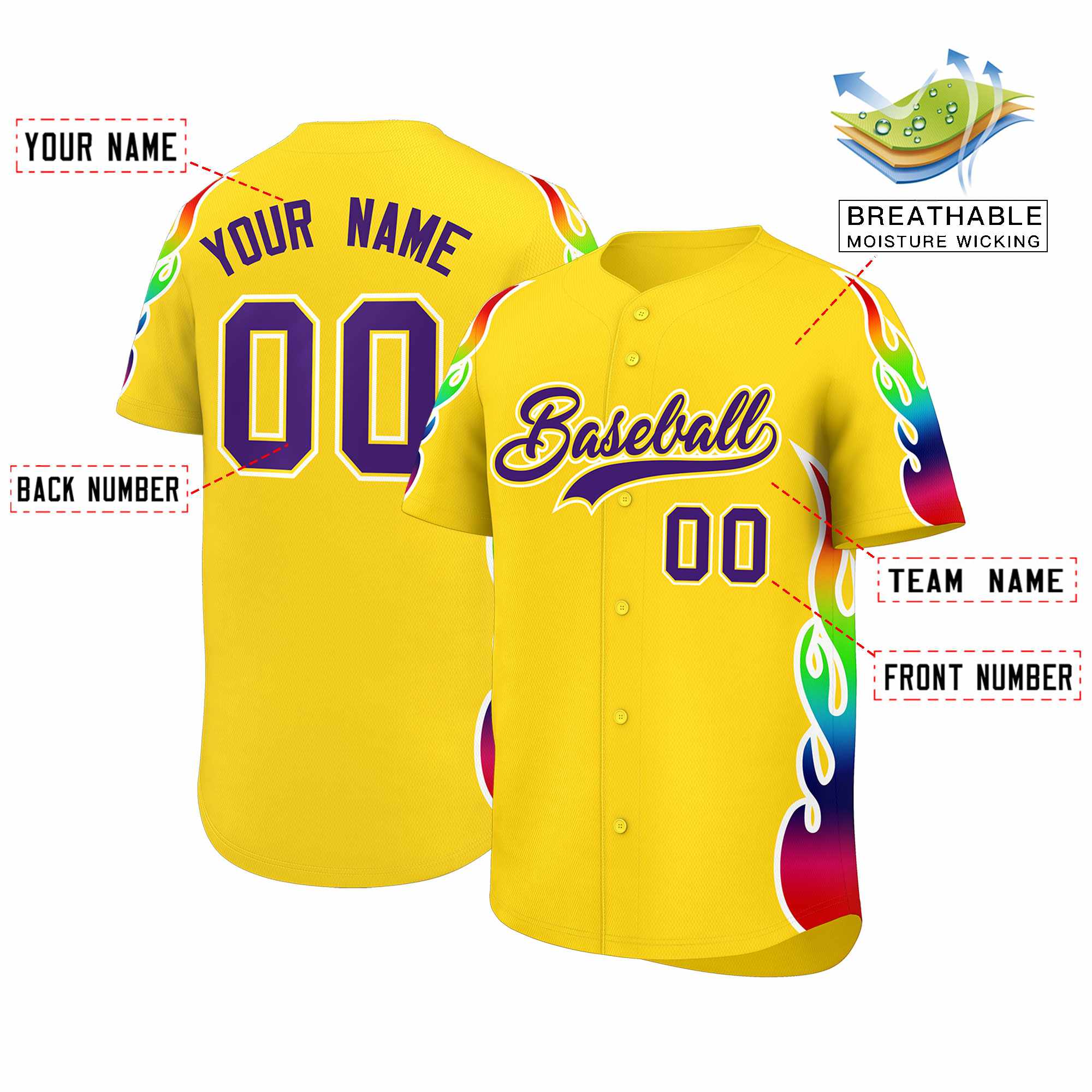 Custom Gold Graffiti Pattern Personalized Multicolored Flames Print Authentic Baseball Jersey| KXKSHOP