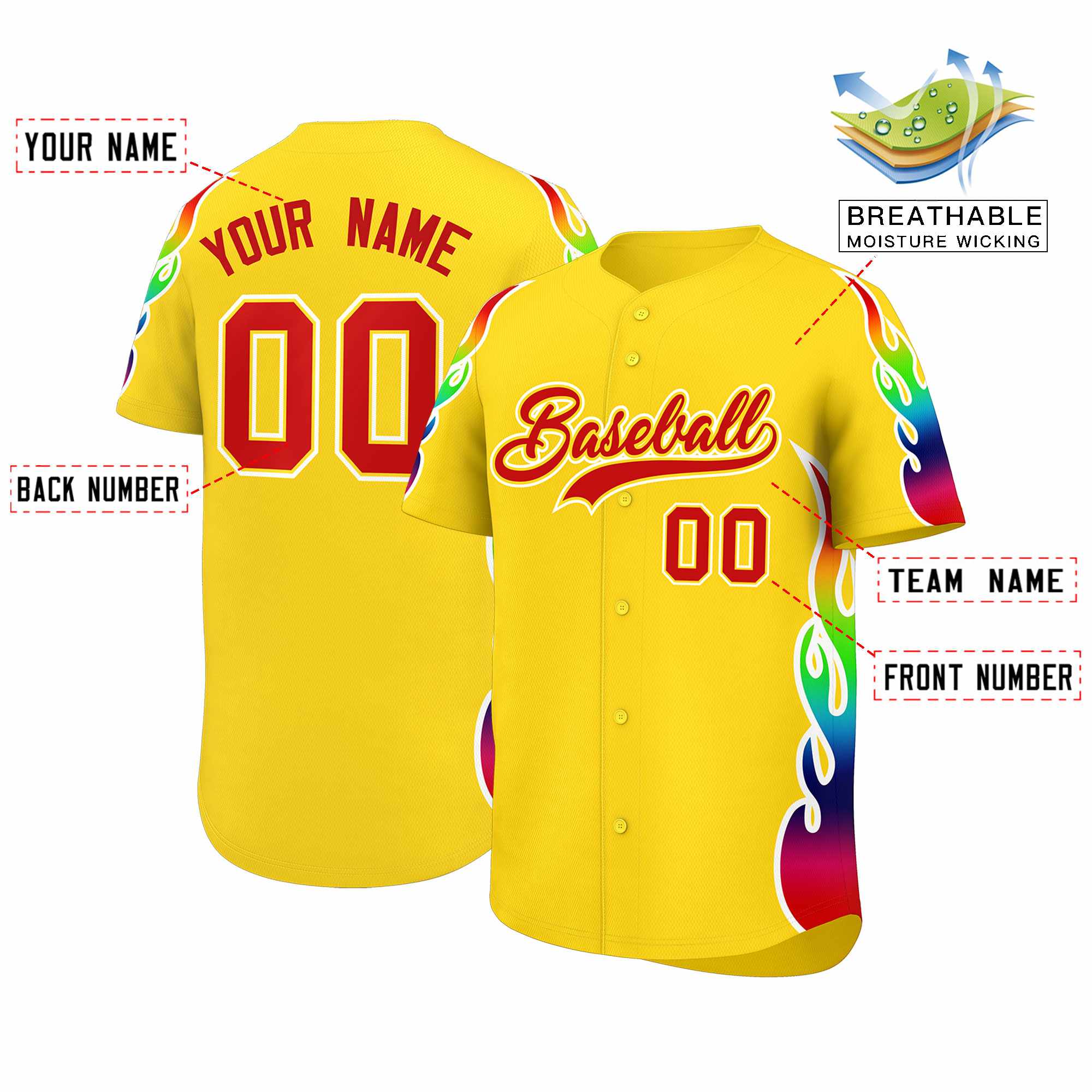 Custom Gold Graffiti Pattern Personalized Multicolored Flames Print Authentic Baseball Jersey| KXKSHOP