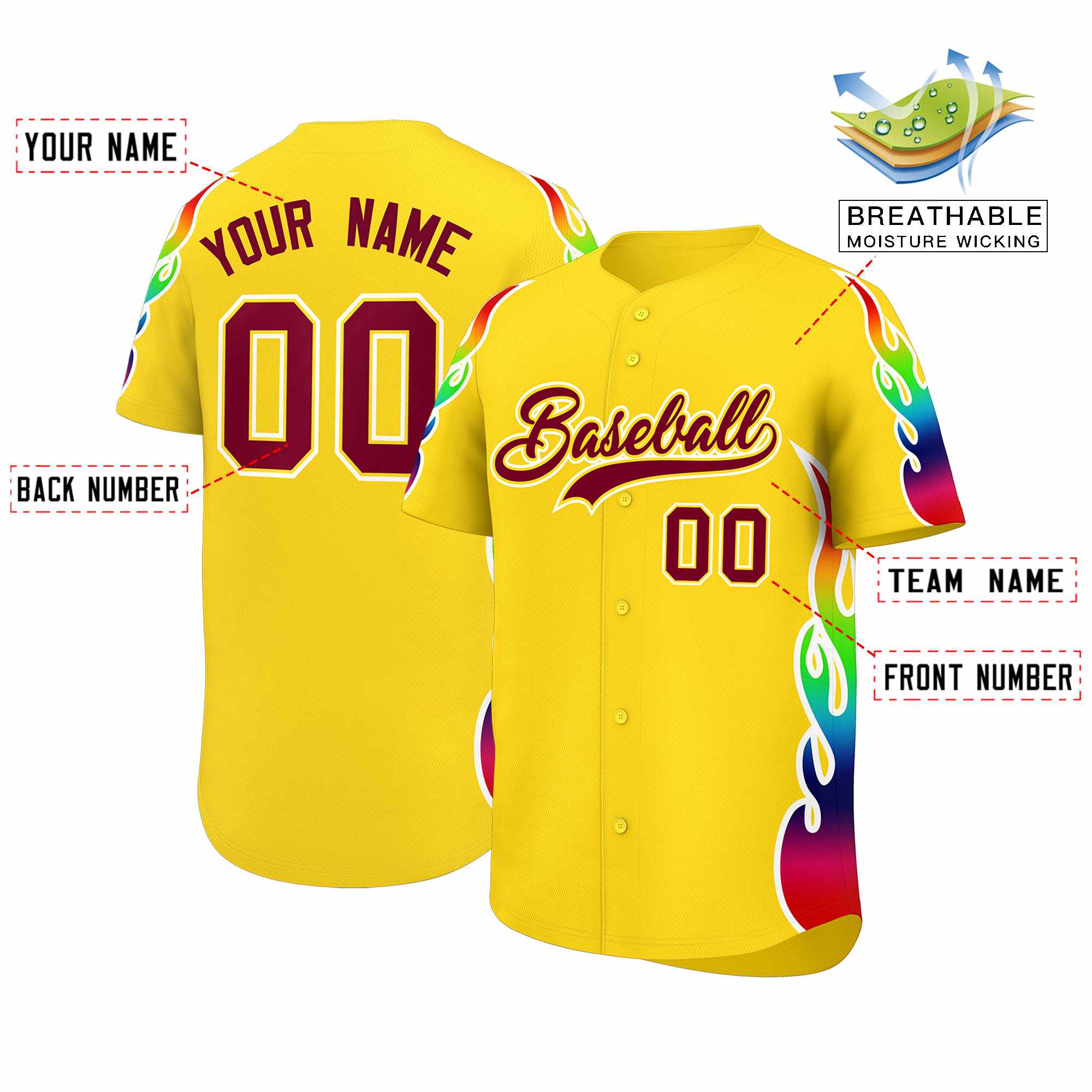 Custom Gold Graffiti Pattern Personalized Multicolored Flames Print Authentic Baseball Jersey| KXKSHOP