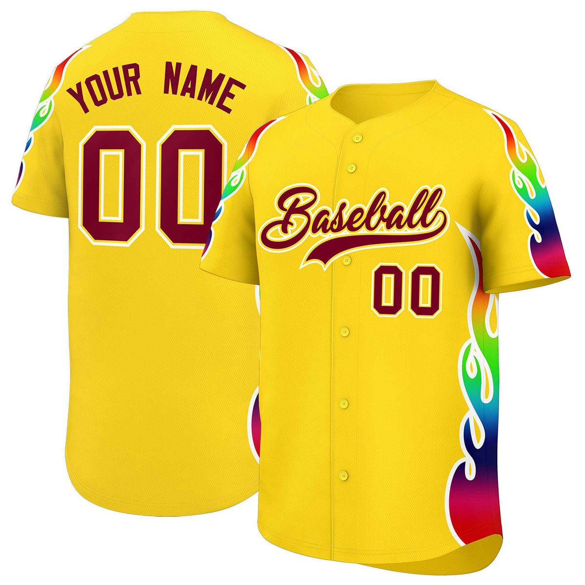 Custom Gold Graffiti Pattern Personalized Multicolored Flames Print Authentic Baseball Jersey| KXKSHOP