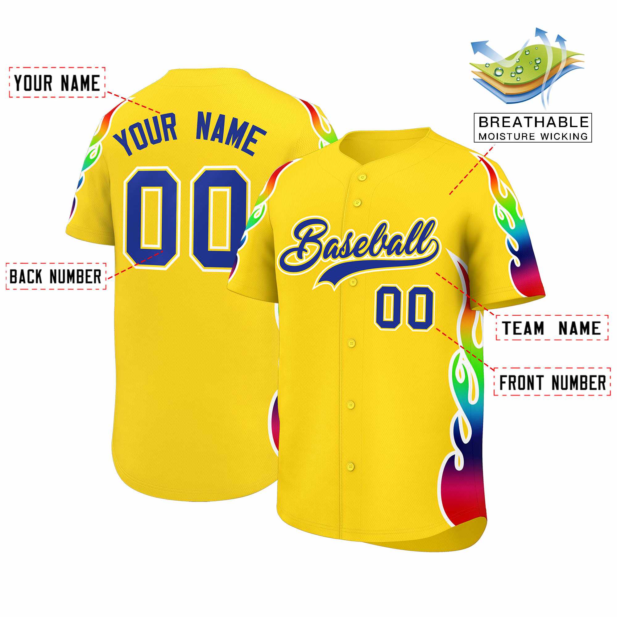 Custom Gold Graffiti Pattern Personalized Multicolored Flames Print Authentic Baseball Jersey| KXKSHOP