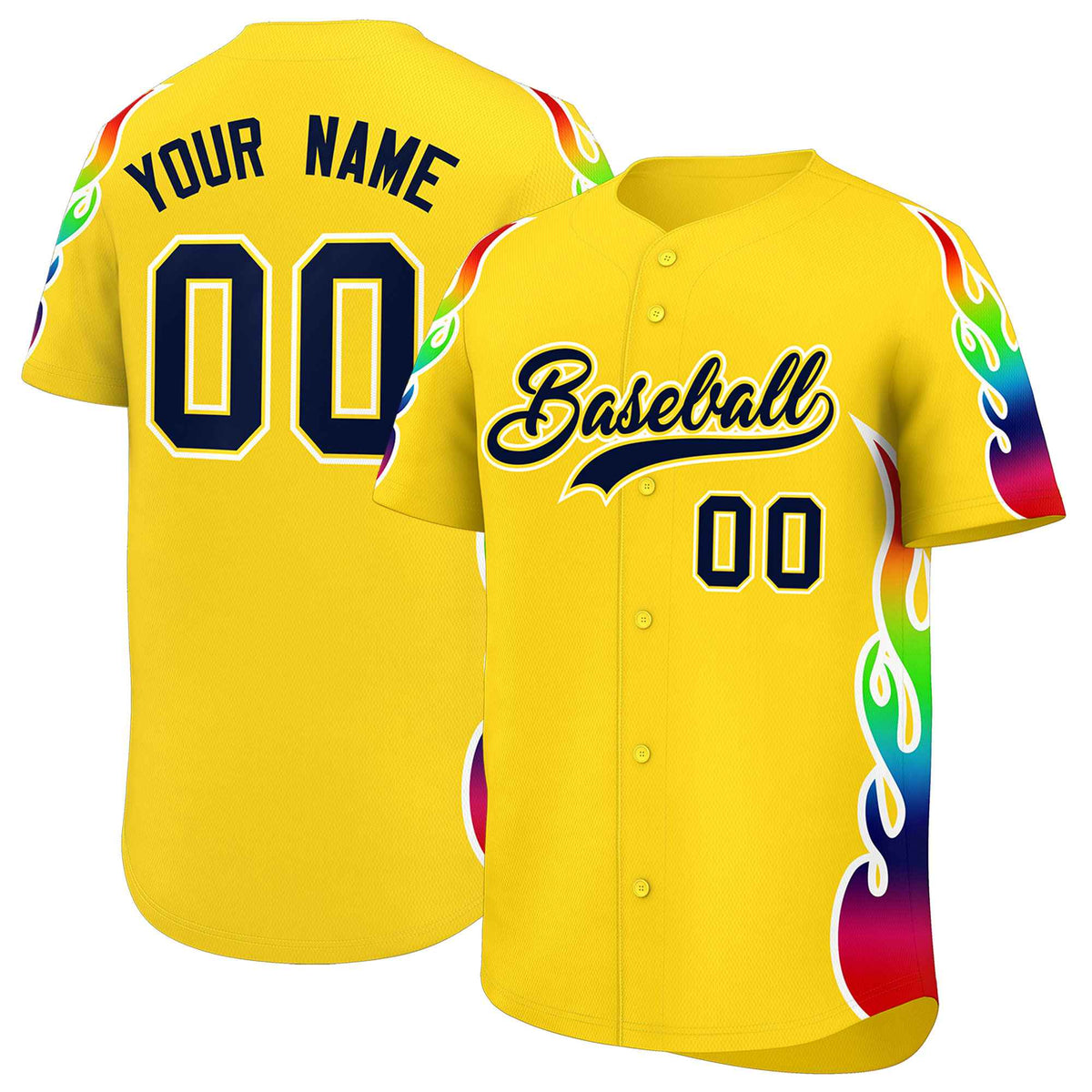 Custom Gold Graffiti Pattern Personalized Multicolored Flames Print Authentic Baseball Jersey| KXKSHOP
