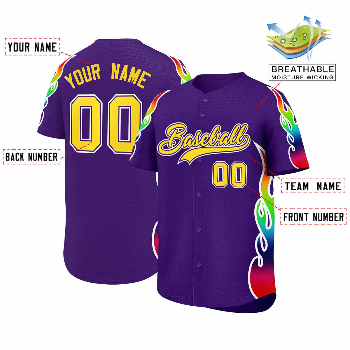 Custom Purple Graffiti Pattern Personalized Multicolored Flames Print Authentic Baseball Jersey| KXKSHOP