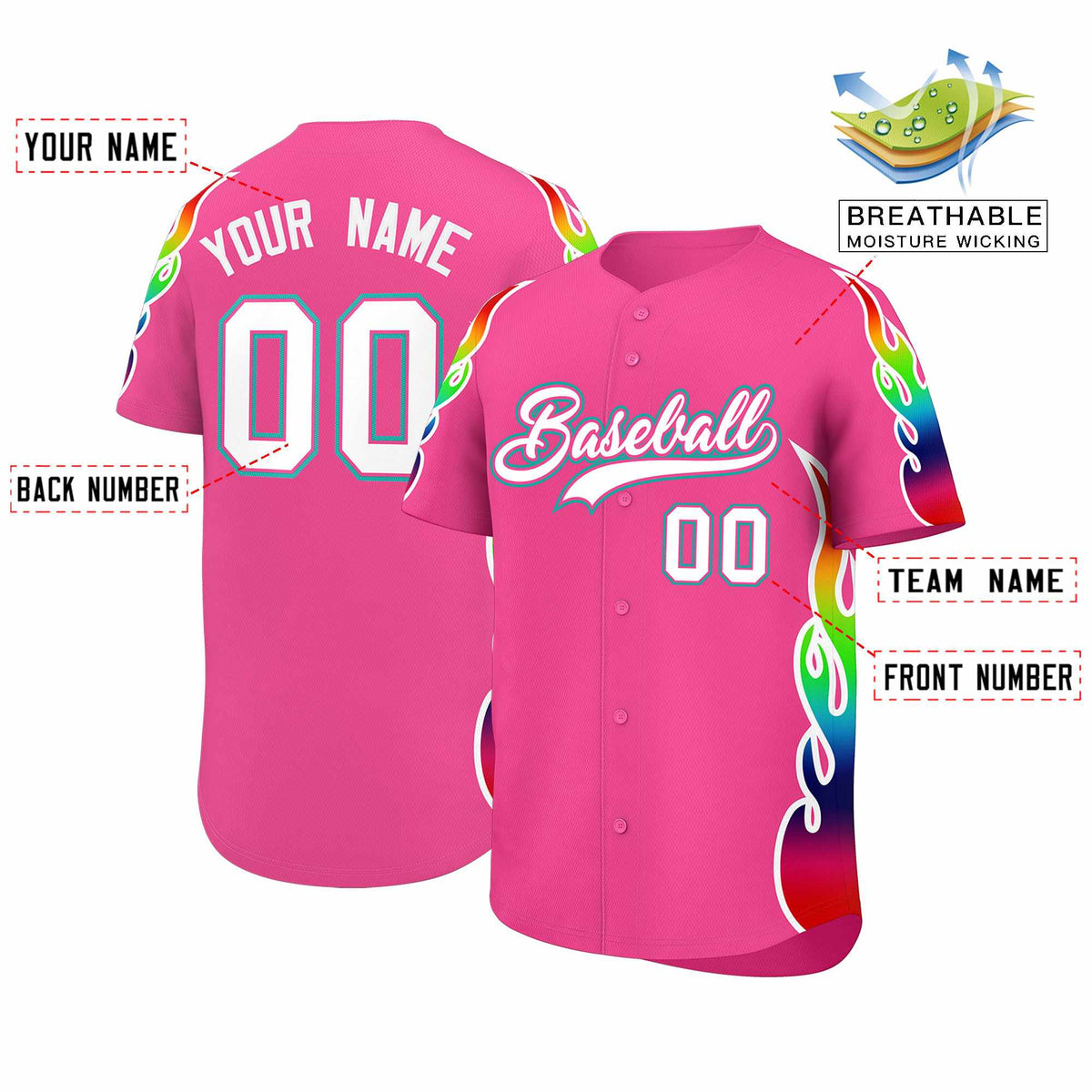 Custom Pink Graffiti Pattern Personalized Multicolored Flames Print Authentic Baseball Jersey| KXKSHOP