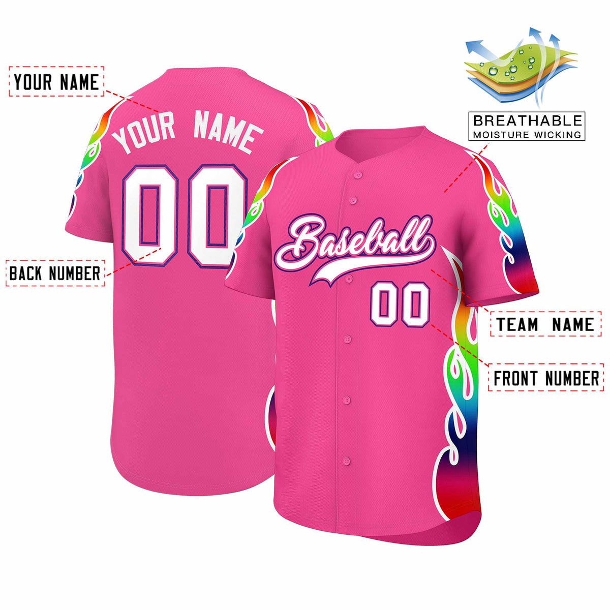 Custom Pink Graffiti Pattern Personalized Multicolored Flames Print Authentic Baseball Jersey| KXKSHOP