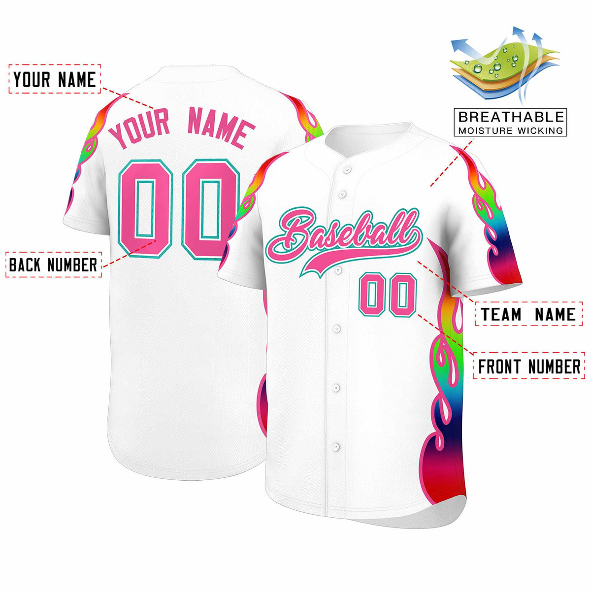 Custom White Graffiti Pattern Personalized Multicolored Flames Print Authentic Baseball Jersey| KXKSHOP