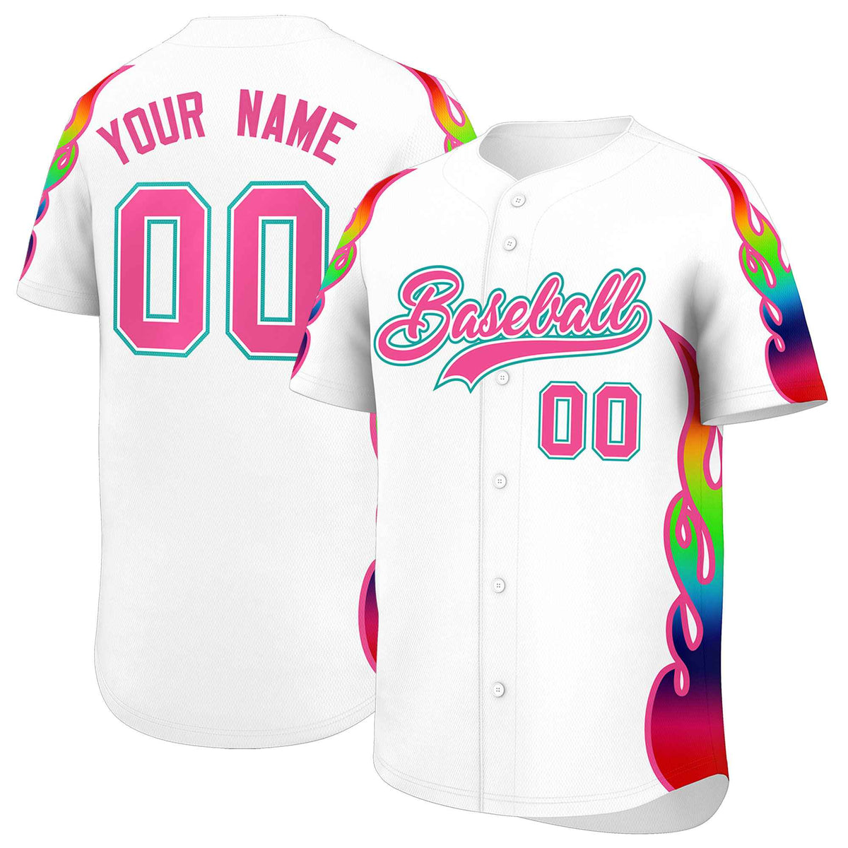 Custom White Graffiti Pattern Personalized Multicolored Flames Print Authentic Baseball Jersey| KXKSHOP
