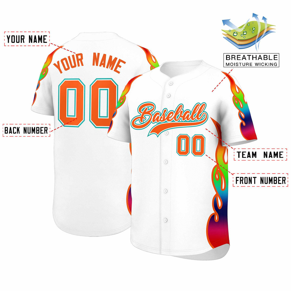 Custom White Graffiti Pattern Personalized Multicolored Flames Print Authentic Baseball Jersey| KXKSHOP