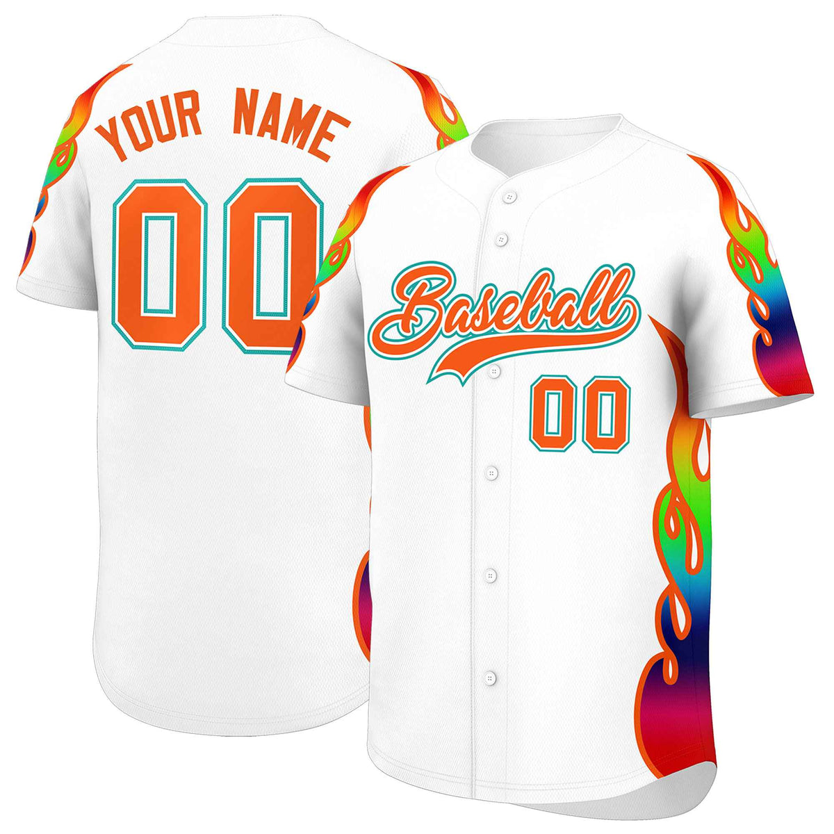 Custom White Graffiti Pattern Personalized Multicolored Flames Print Authentic Baseball Jersey| KXKSHOP
