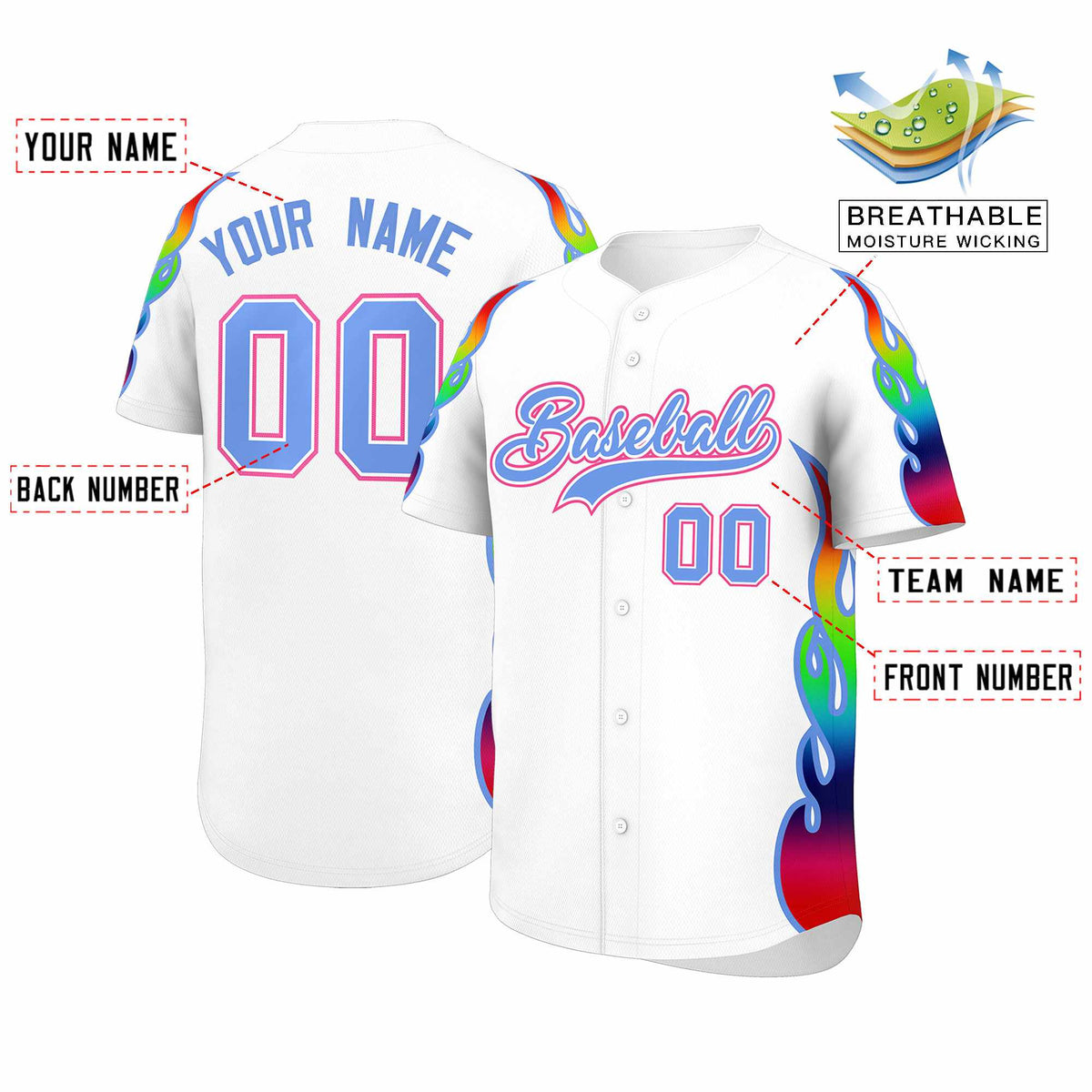 Custom White Graffiti Pattern Personalized Multicolored Flames Print Authentic Baseball Jersey| KXKSHOP
