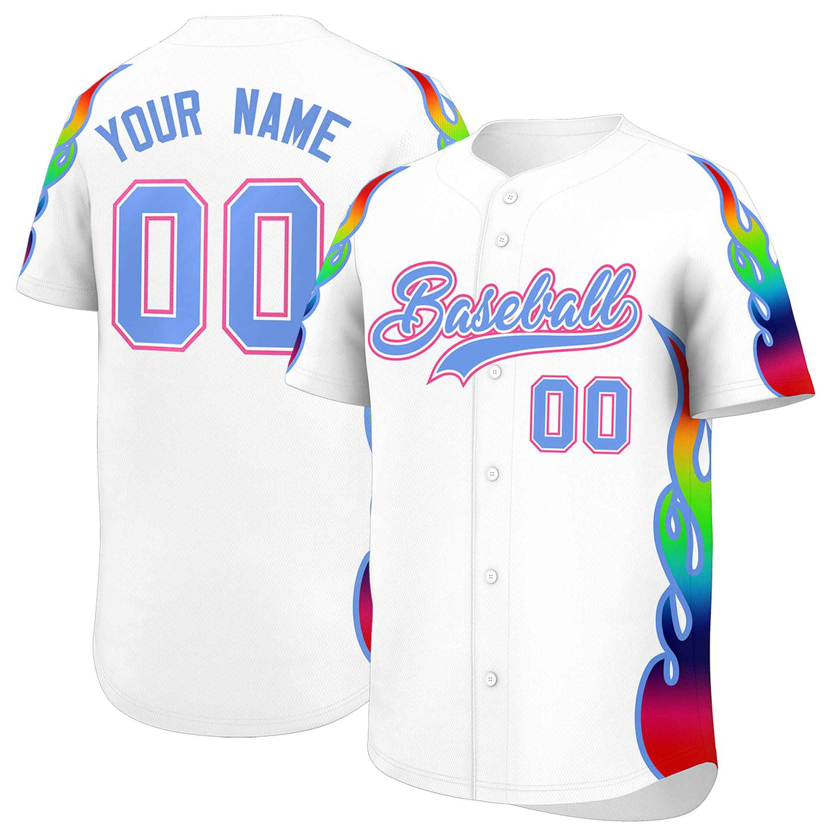 Custom White Graffiti Pattern Personalized Multicolored Flames Print Authentic Baseball Jersey| KXKSHOP