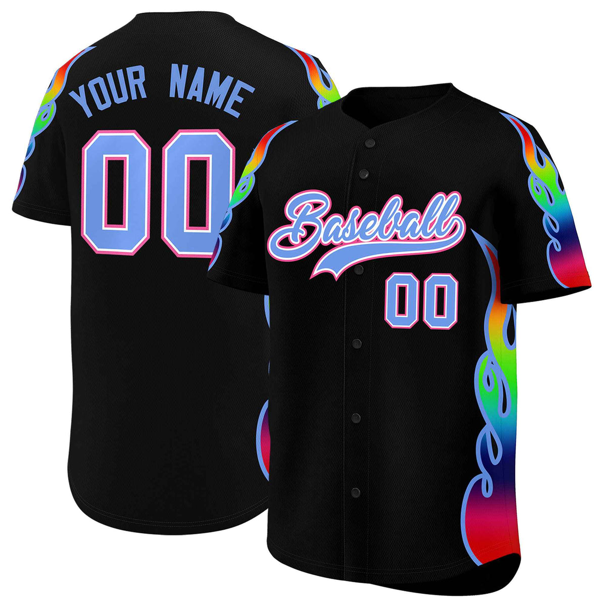 Custom Black Graffiti Pattern Personalized Multicolored Flames Print Authentic Baseball Jersey| KXKSHOP
