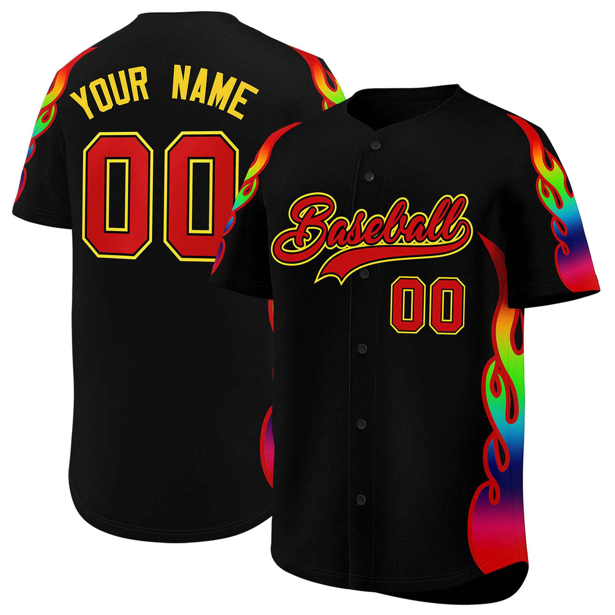 Custom Black Graffiti Pattern Personalized Multicolored Flames Print Authentic Baseball Jersey| KXKSHOP