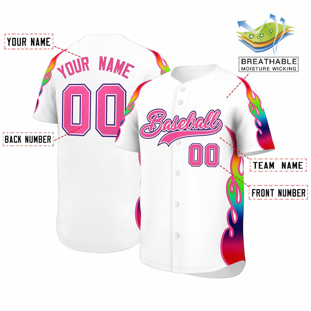 Custom White Graffiti Pattern Personalized Multicolored Flames Print Authentic Baseball Jersey| KXKSHOP