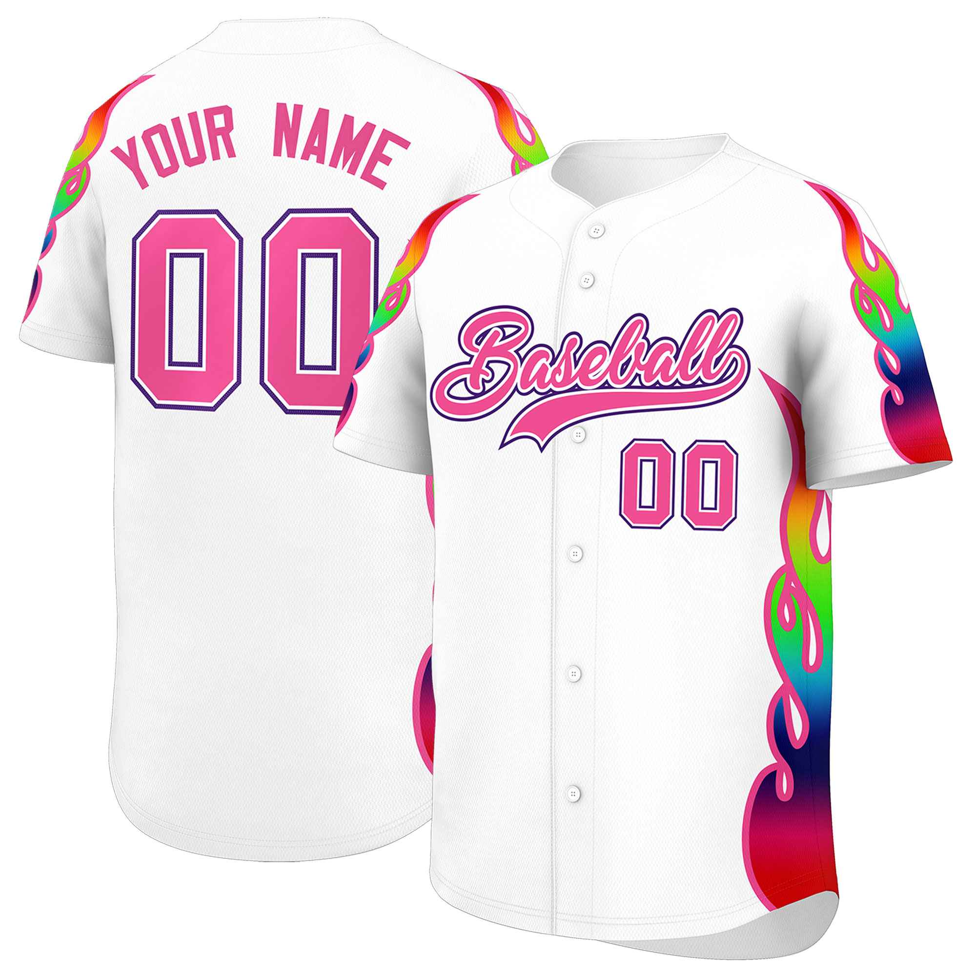 Custom White Graffiti Pattern Personalized Multicolored Flames Print Authentic Baseball Jersey| KXKSHOP