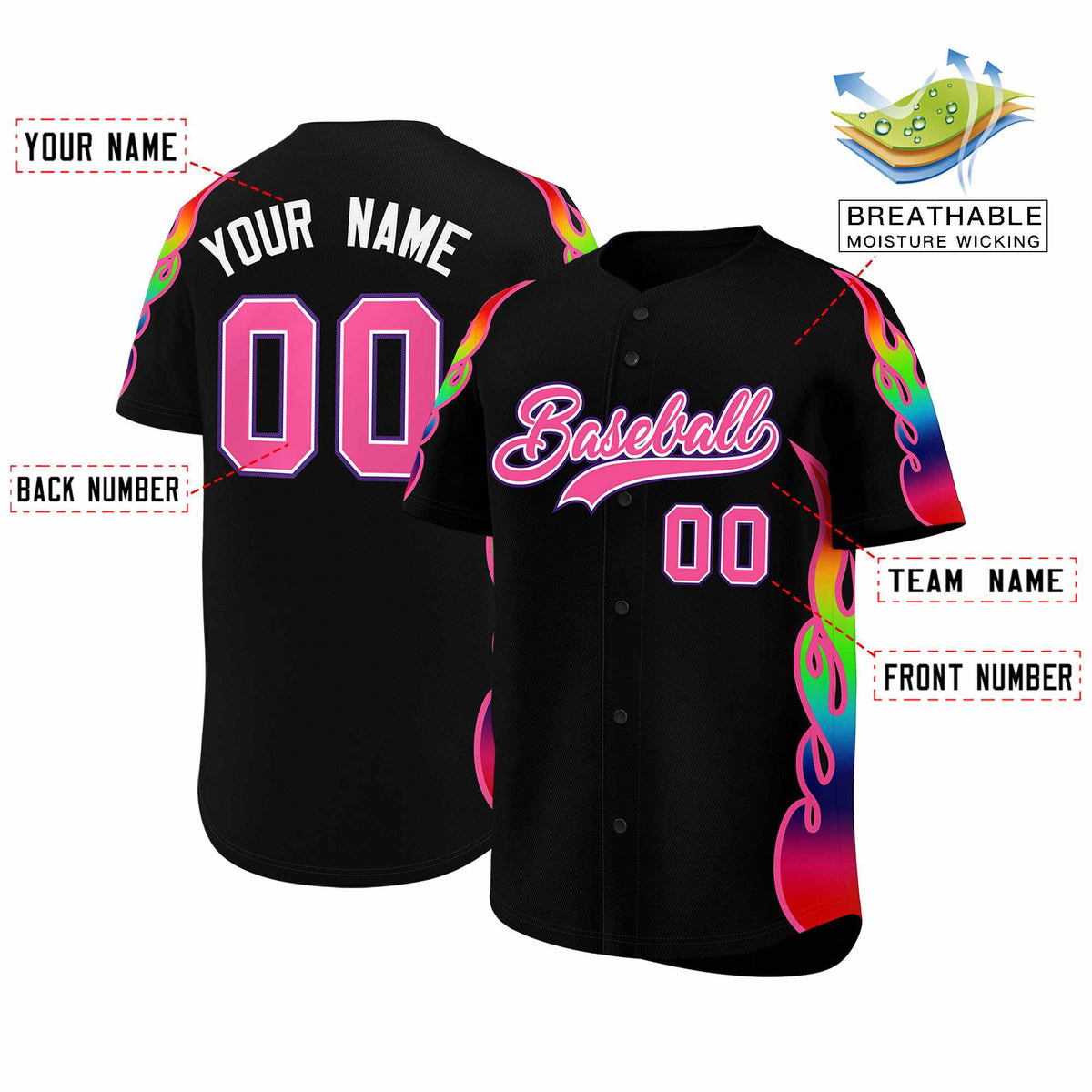 Custom Black Graffiti Pattern Personalized Multicolored Flames Print Authentic Baseball Jersey| KXKSHOP