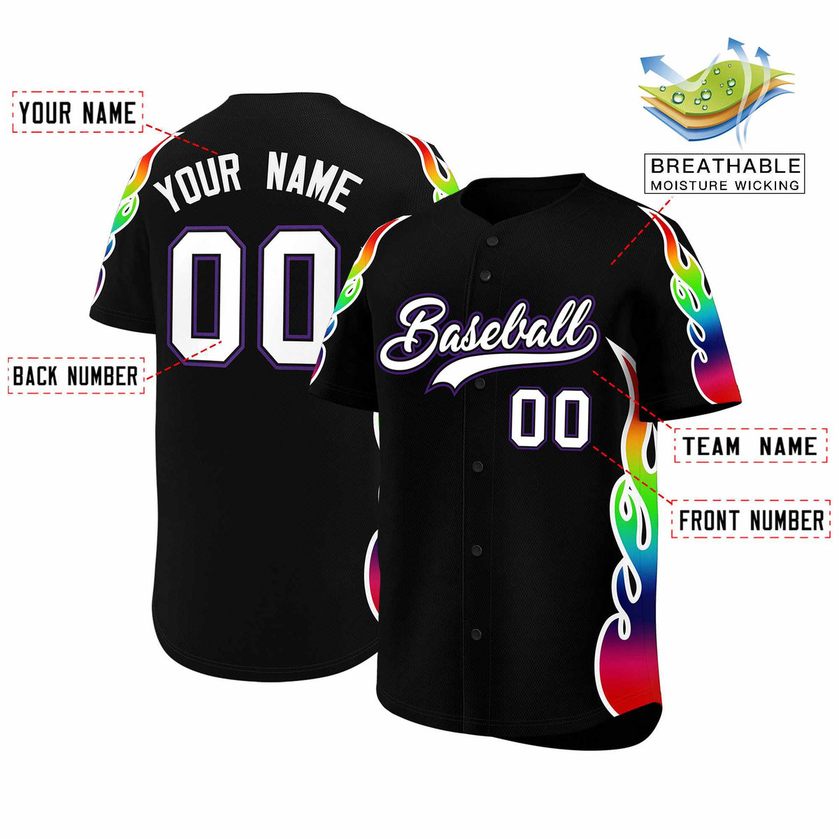 Custom Black Graffiti Pattern Personalized Multicolored Flames Print Authentic Baseball Jersey| KXKSHOP