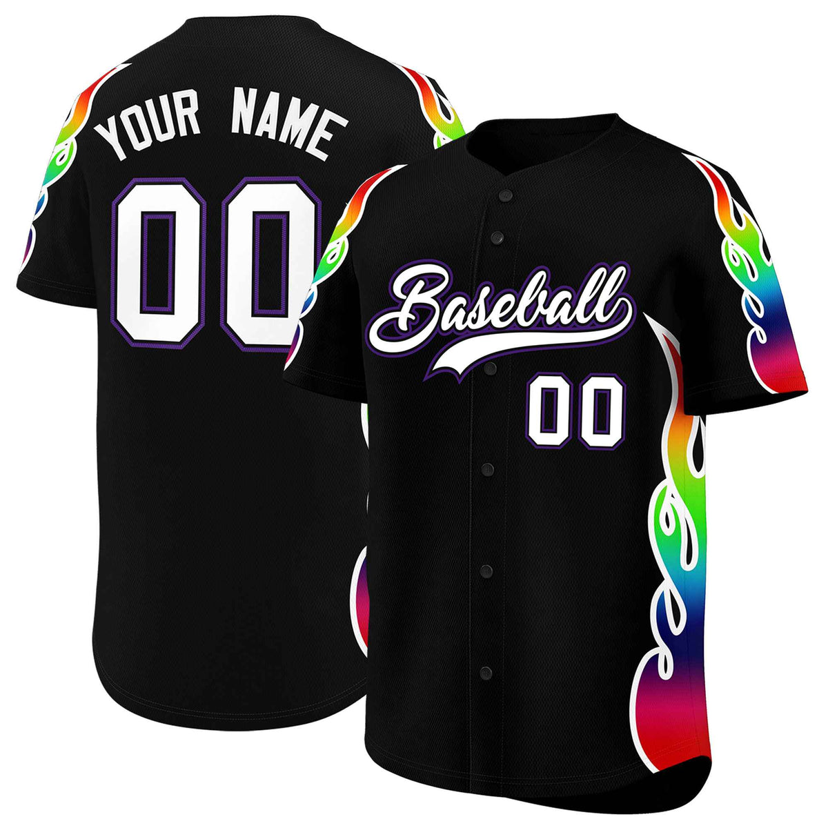 Custom Black Graffiti Pattern Personalized Multicolored Flames Print Authentic Baseball Jersey| KXKSHOP