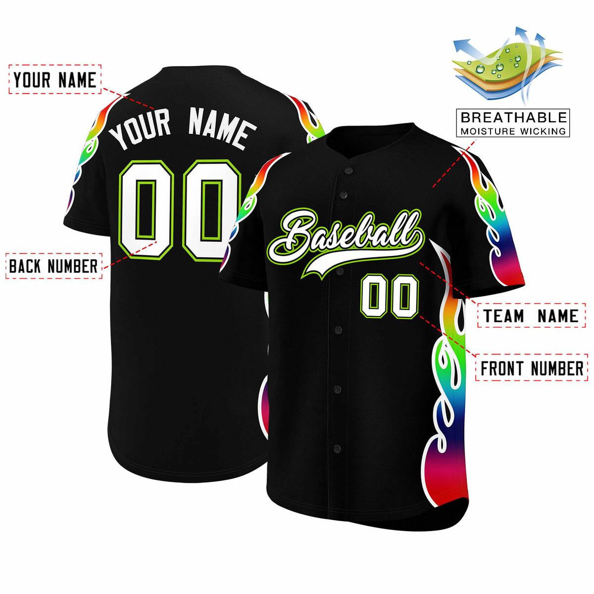 Custom Black Graffiti Pattern Personalized Multicolored Flames Print Authentic Baseball Jersey| KXKSHOP