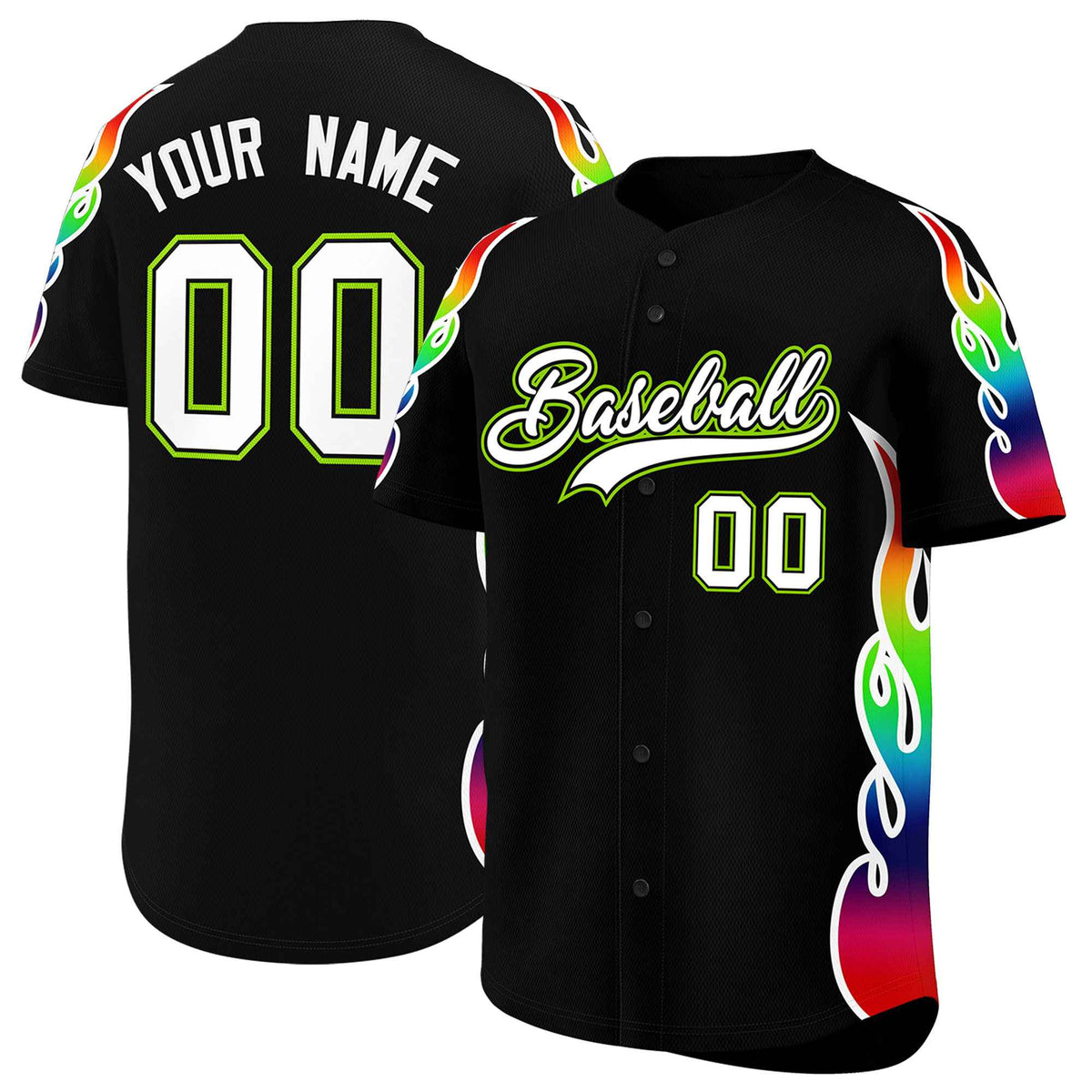 Custom Black Graffiti Pattern Personalized Multicolored Flames Print Authentic Baseball Jersey| KXKSHOP